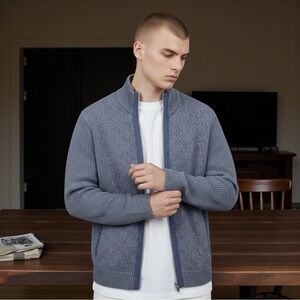 NWOT Daniel Hechter Paris Men's 100% Cotton Zip Up Jacket  In Blue Size Large